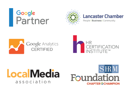 Google Partner, Google Analytics Certified, Local Media Association, Lancaster Chamber, HR Certification Institute, and SHRM Foundation logos